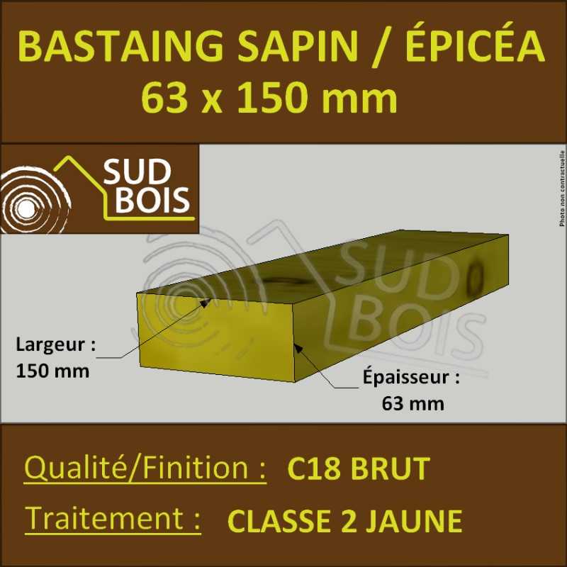 Bastaing 63x150 Sapin/Épicéa Traité Classe 2 Jaune (à la palette)