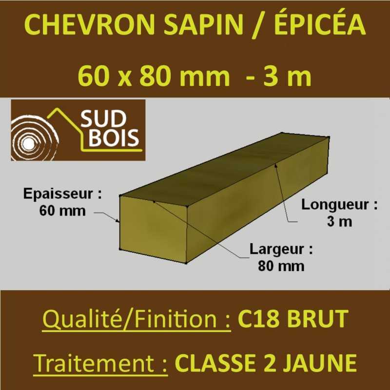 140 Chevrons 60x80mm Sapin / Épicéa Brut Traité Classe 2 Jaune 3m 2