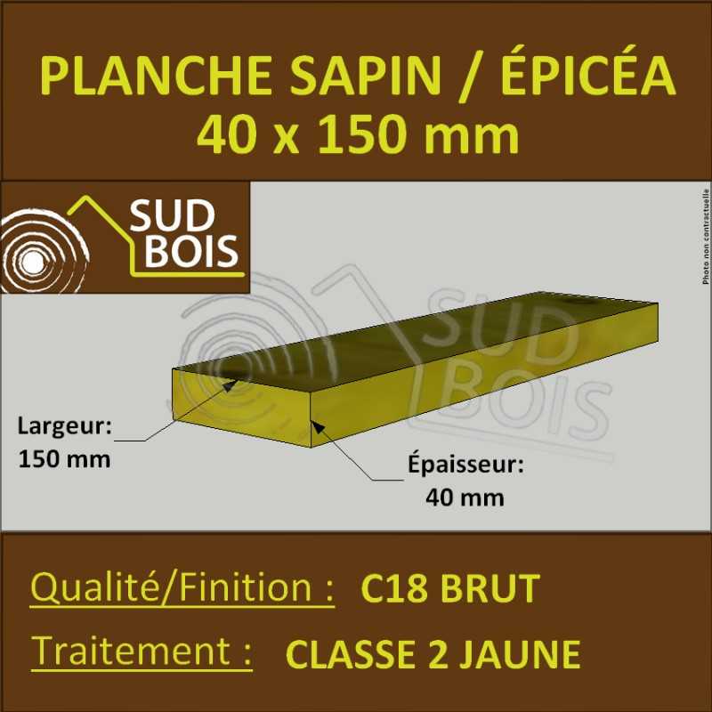 Planche 40x150 Sapin/Épicéa Classe 2 Jaune (à la palette)