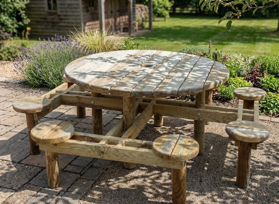 Table ronde en bois avec tabourets intégrés Ø 134 cm 2