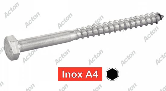 Tire-fond DIN 571 - Vis à bois tête hexagonale inox A4 Acton