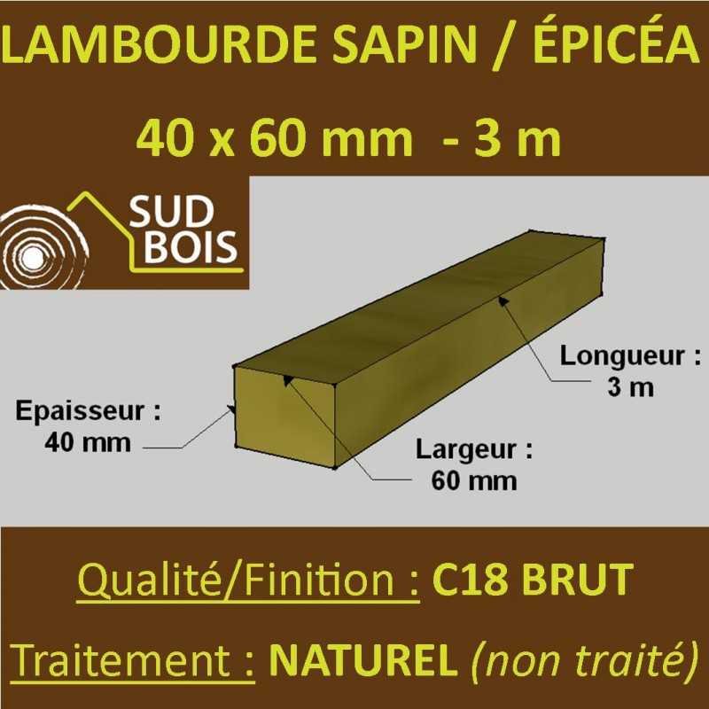 Lambourde / Tasseau 35x55 Sapin / Epicéa Brut Naturel Choix 2-3 en 3M