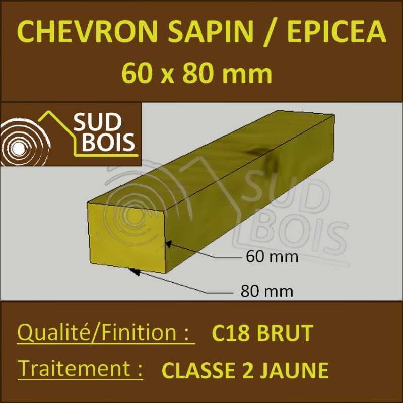 Chevron 60x80 Sapin / Épicéa Brut Traité Classe 2 jaune (à la palette)