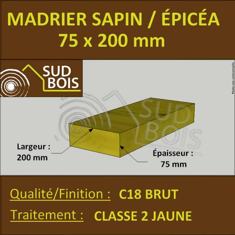 Madrier 75x200 Sapin / Épicéa Traité Classe 2 Jaune (à la palette)