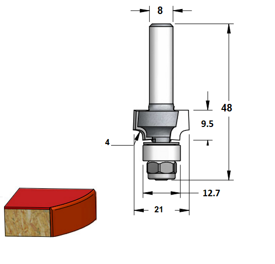 Fraise industrielle à rayon de 4 mm, 2 lames et queue S8 3