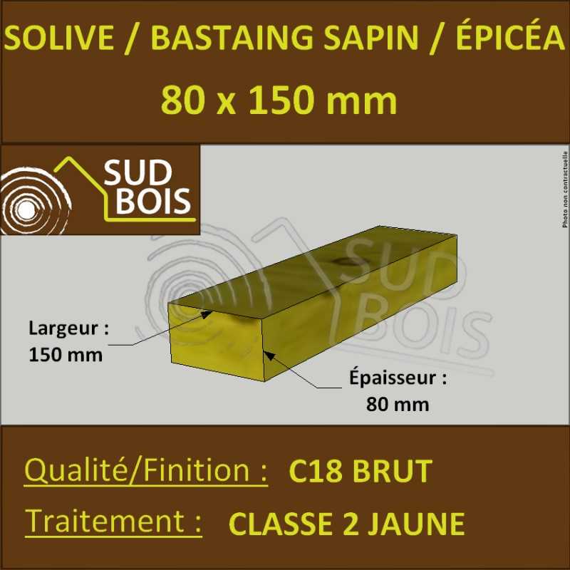 Solive 80x150 Sapin / Épicéa Traité Classe 2 Jaune (à la palette)