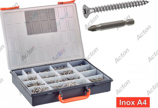 Coffret vba tête fraisée pozidrive + + embouts inox A4 Acton