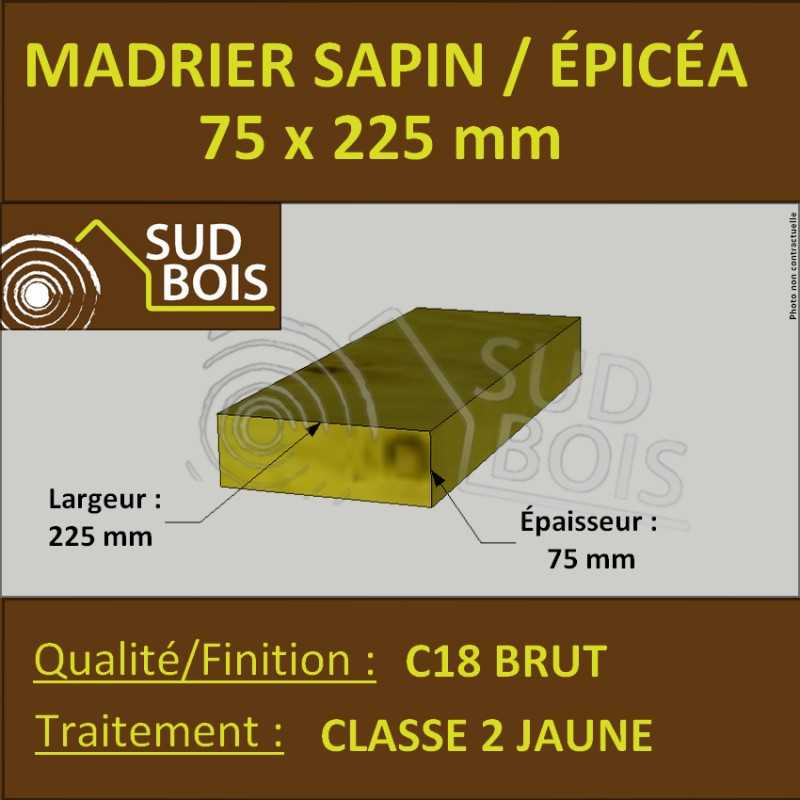 Madrier 75x225 Sapin / Épicéa Traité Classe 2 Jaune (à la palette)