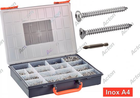 Coffret Vis à tôle TC + TF pozidrive + + embouts inox A4 Acton