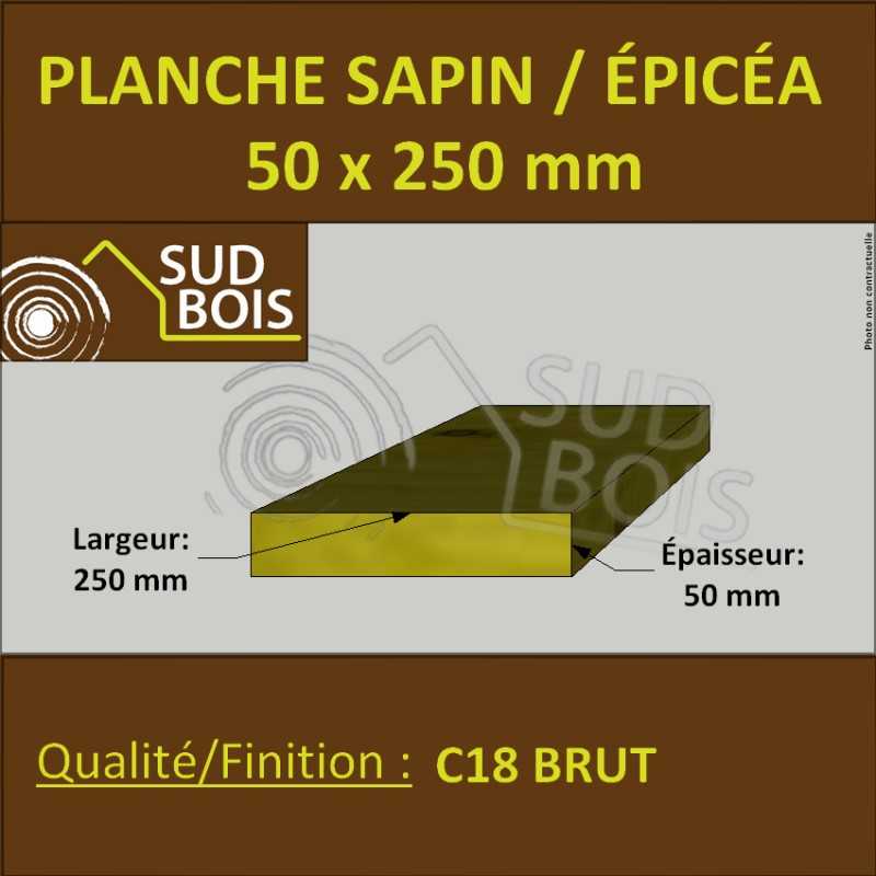 Planche 50x250 Sapin/Épicéa Brut Traité Classe 2 Jaune (à la palette)