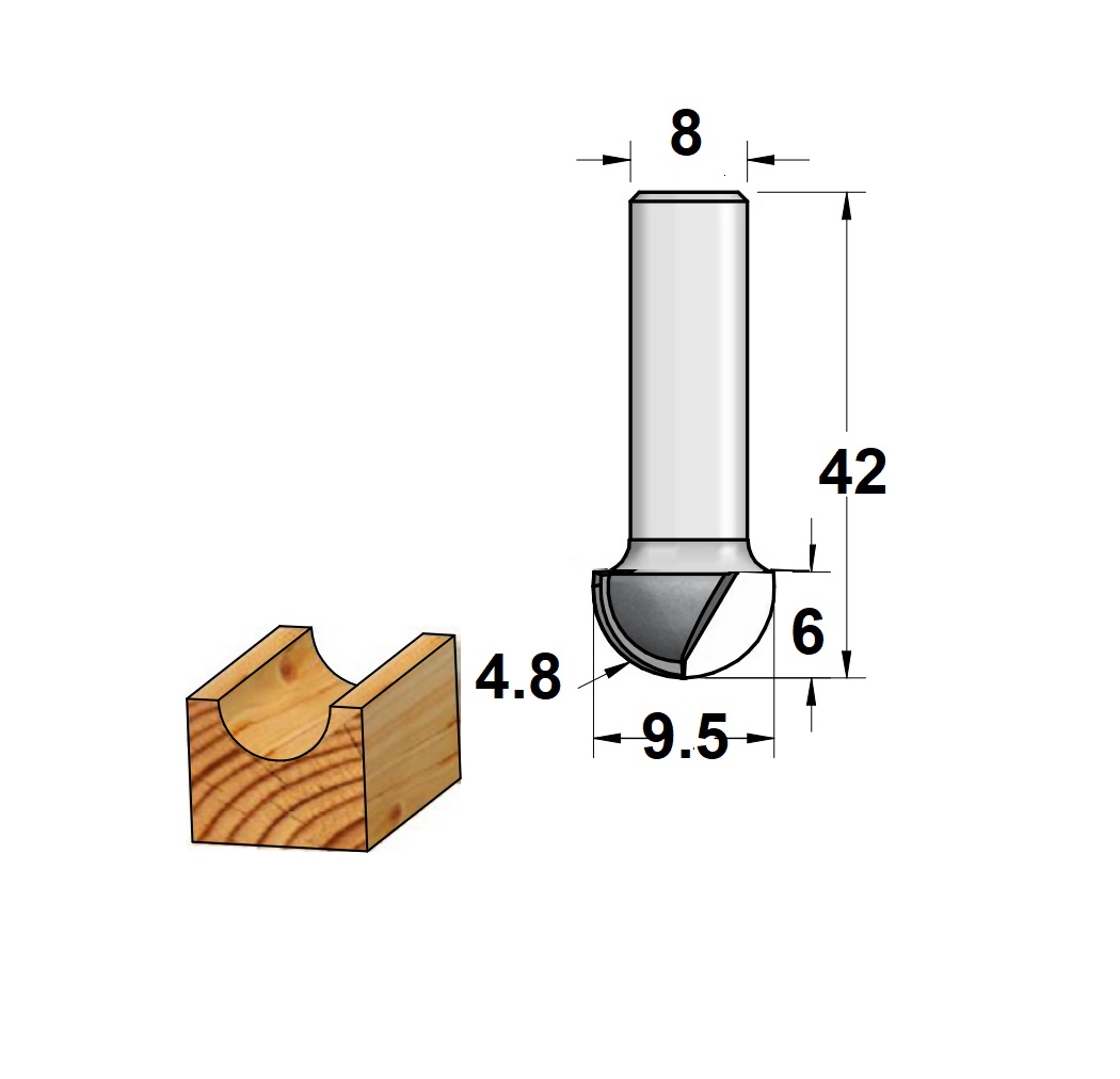 Fraise à rayon convexe S8 D10 R5 à 2 lames 2