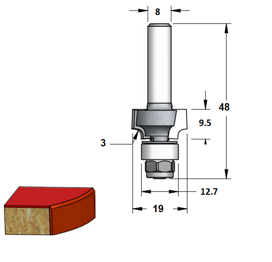 Fraise industrielle à rayon de 3 mm, 2 lames et queue S8 3