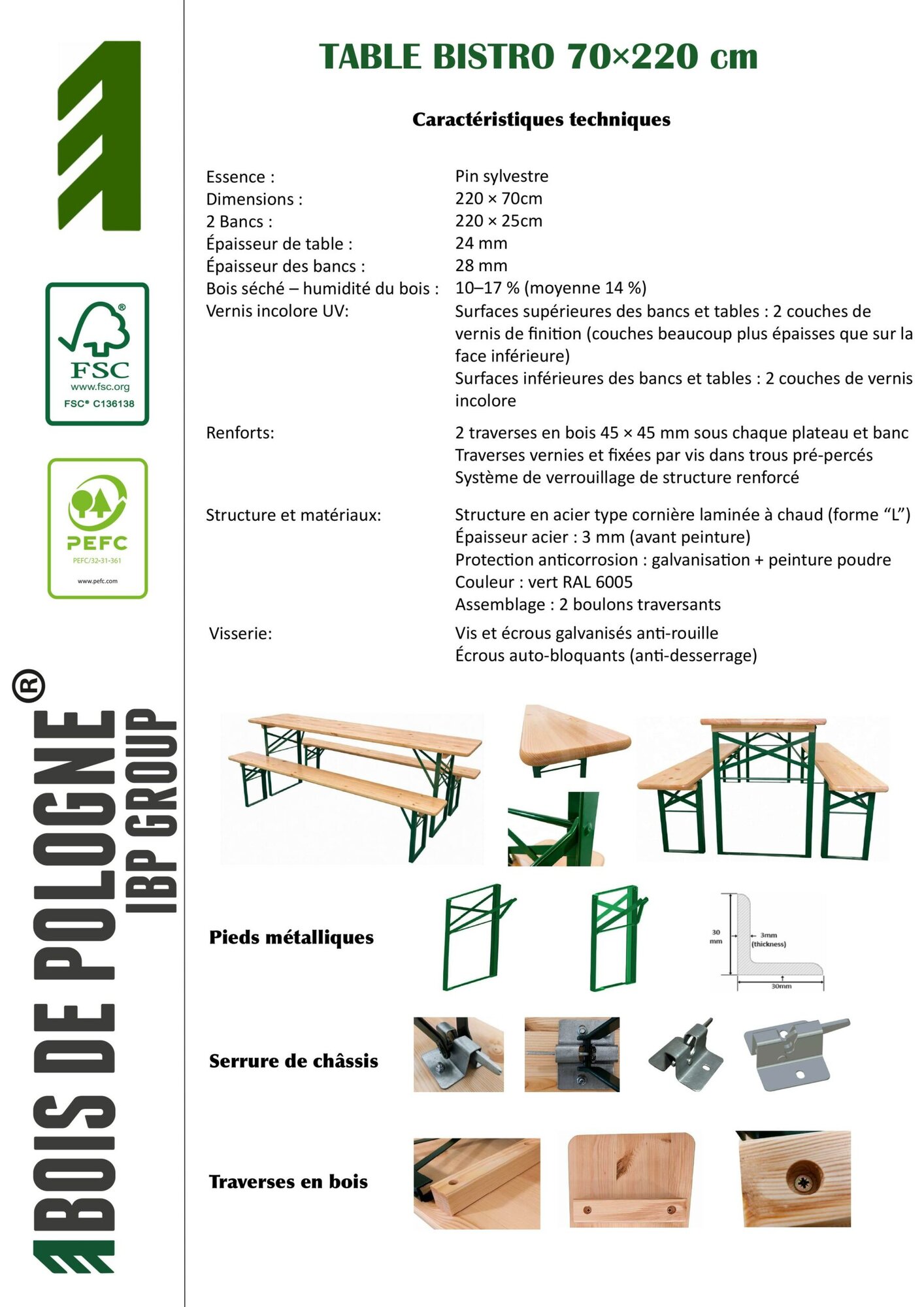 Table Bistro 70×220 cm avec Bancs (Set Complet) 3
