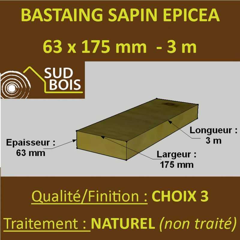 60 Bastaings 63x175mm Sapin Choix 3 Naturel Brut 3M