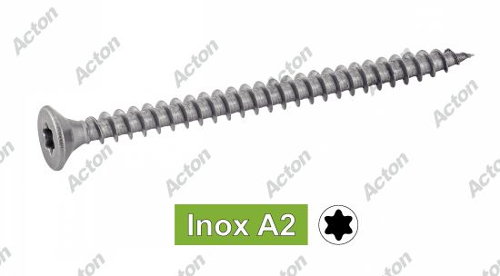 Vis pour bois aggloméré tête fraisée six lobes filetage total inox A2